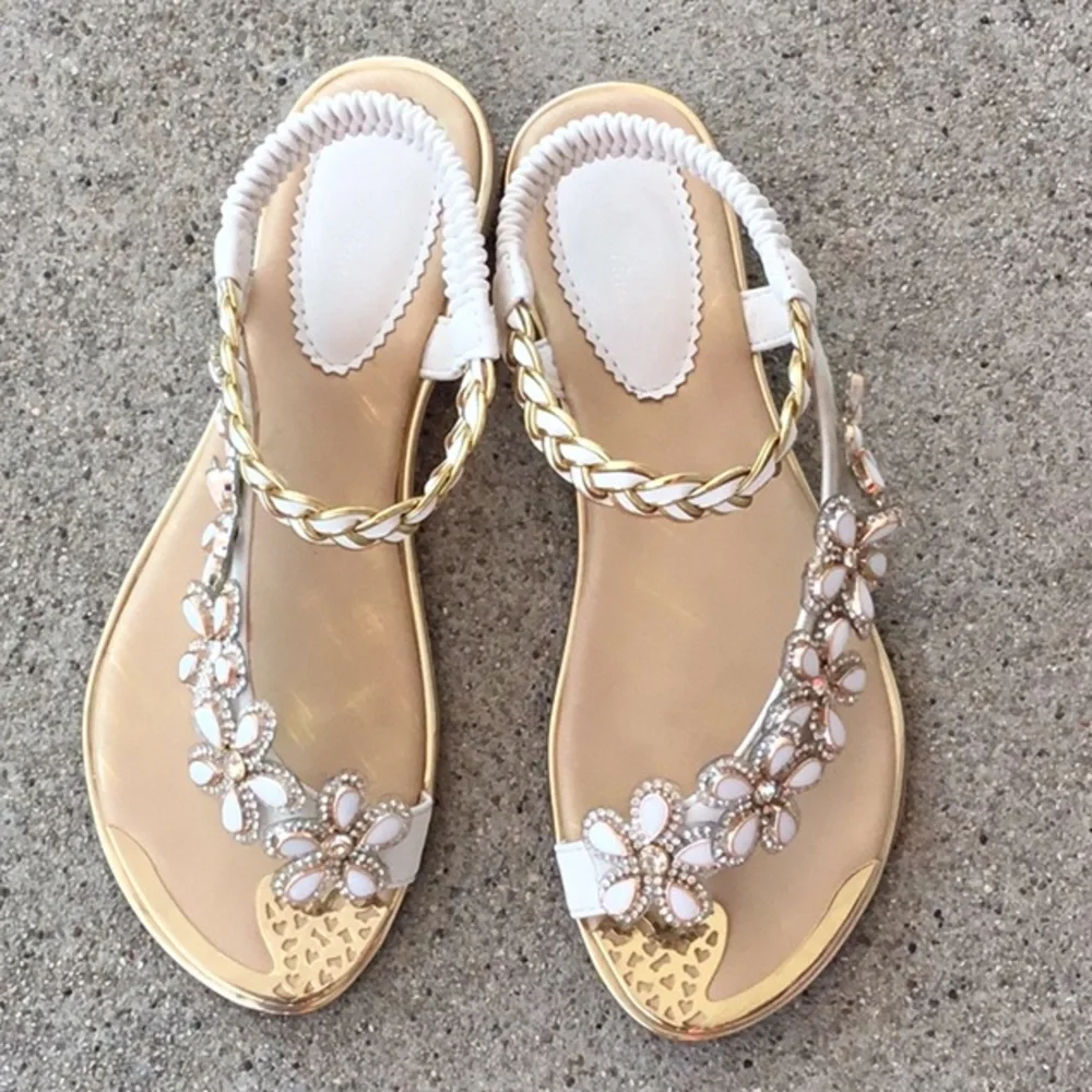 Toe Ring White Floral Rhinestone Embellished Woven Gold Sparkle Flat Sandal - Picture 6 of 11
